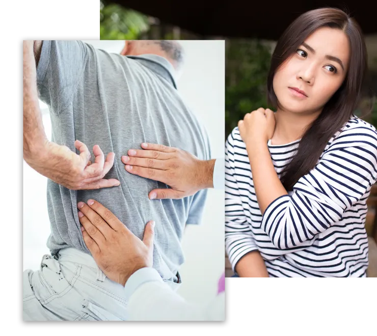 Collage showing chiropractic back adjustment alongside a person holding their shoulder